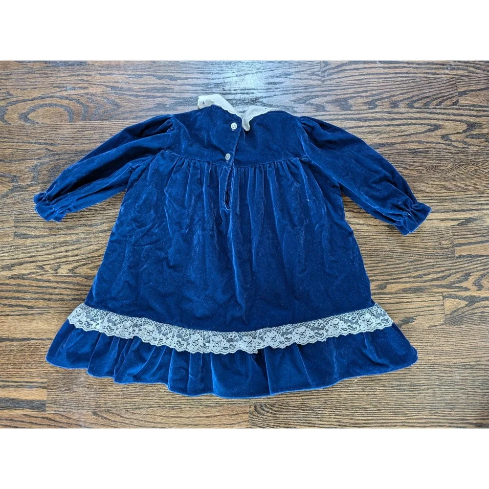 Girl's Vintage Blue Velour Velvet & Lace Made In USA Party Dress Size 4T